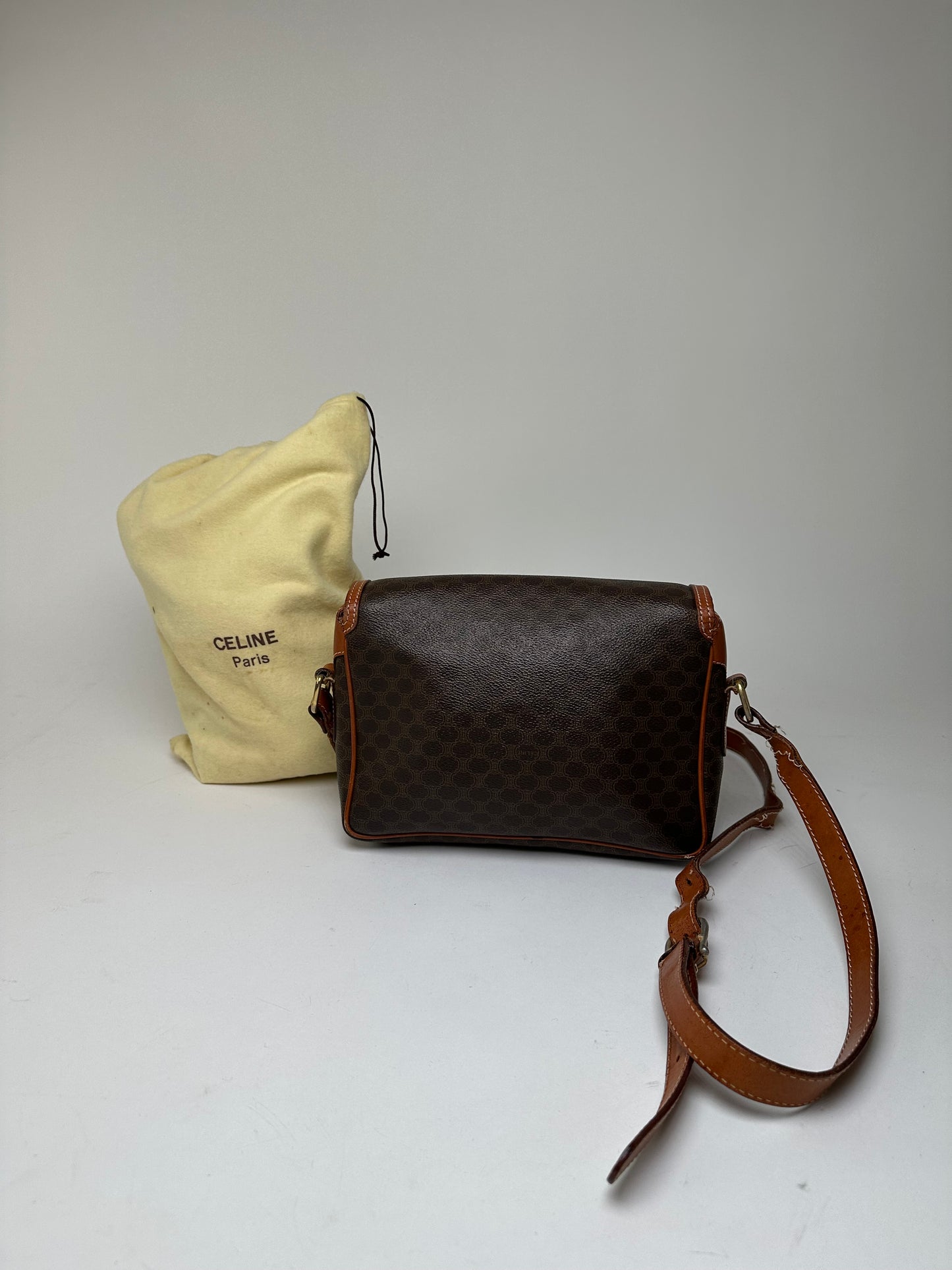 Vintage Celine Macadam Canvas Crossbody Shoulder Bag Dark Brown
