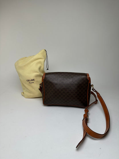 Vintage Celine Macadam Canvas Crossbody Shoulder Bag Dark Brown