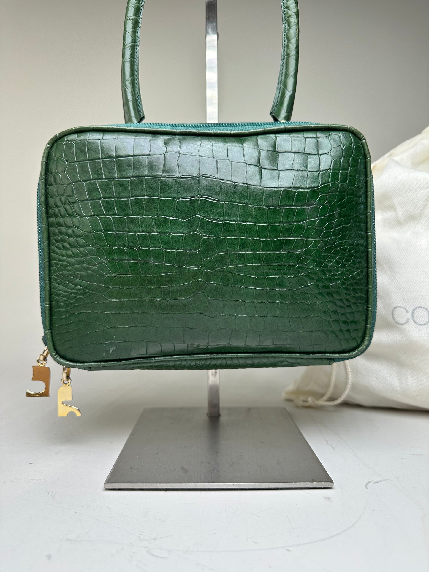 Vintage Courreges Crocodile-Embossed Leather Handbag Dark Green