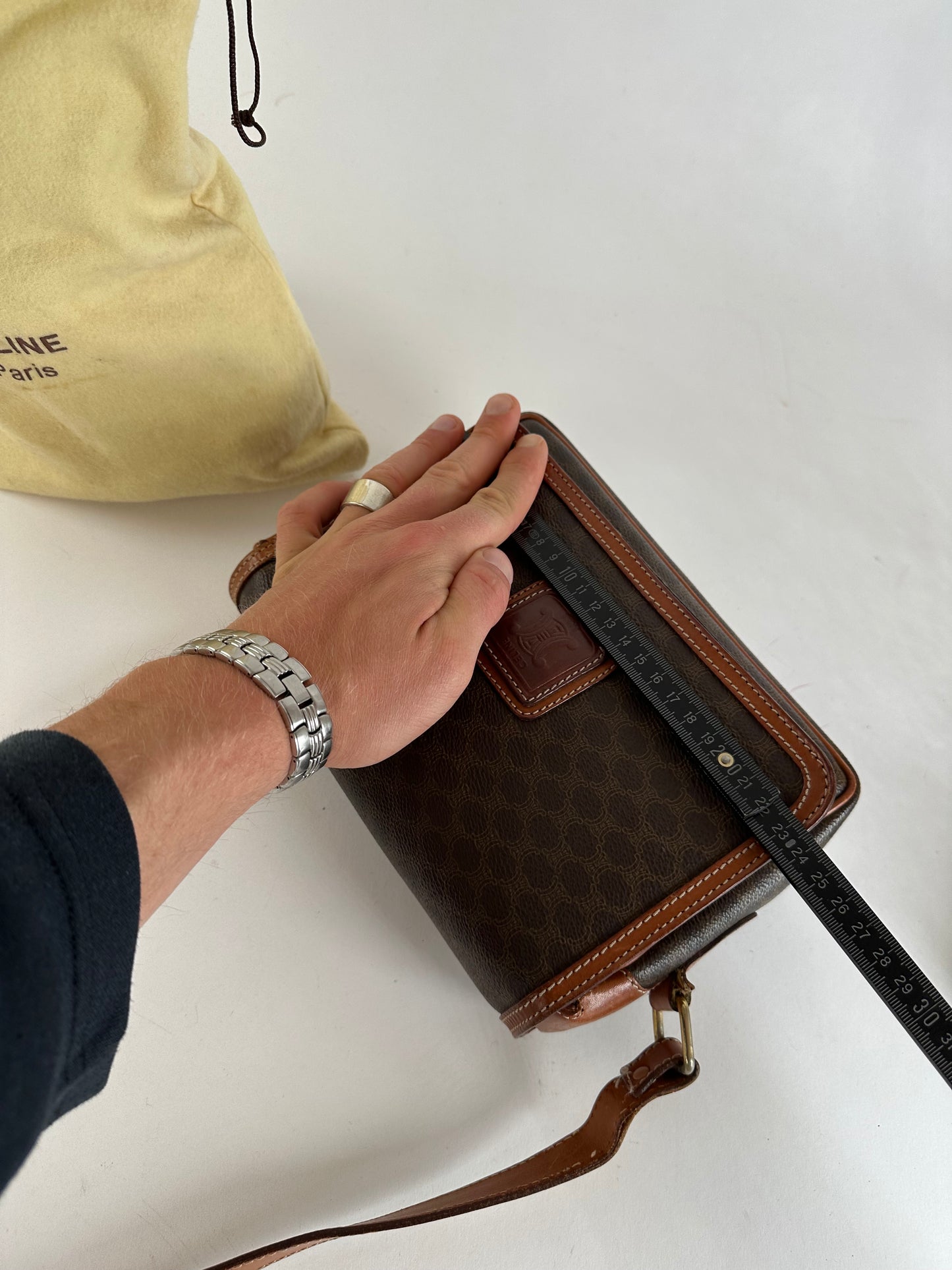 Vintage Celine Macadam Canvas Crossbody Shoulder Bag Dark Brown