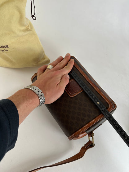 Vintage Celine Macadam Canvas Crossbody Shoulder Bag Dark Brown