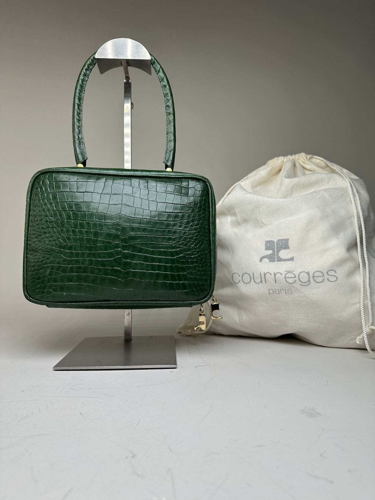 Vintage Courreges Crocodile-Embossed Leather Handbag Dark Green