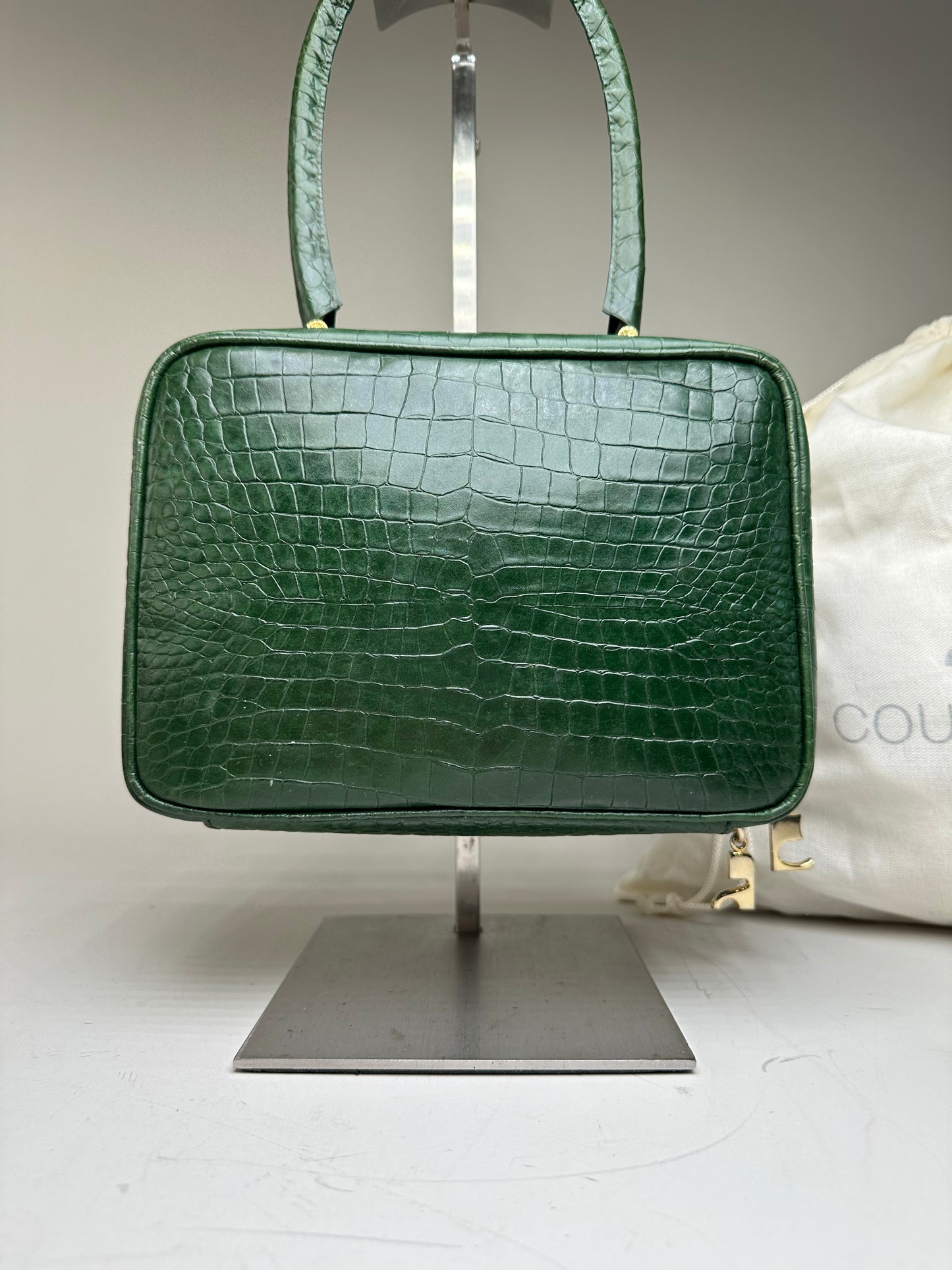Vintage Courreges Crocodile-Embossed Leather Handbag Dark Green