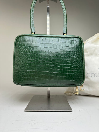 Vintage Courreges Crocodile-Embossed Leather Handbag Dark Green