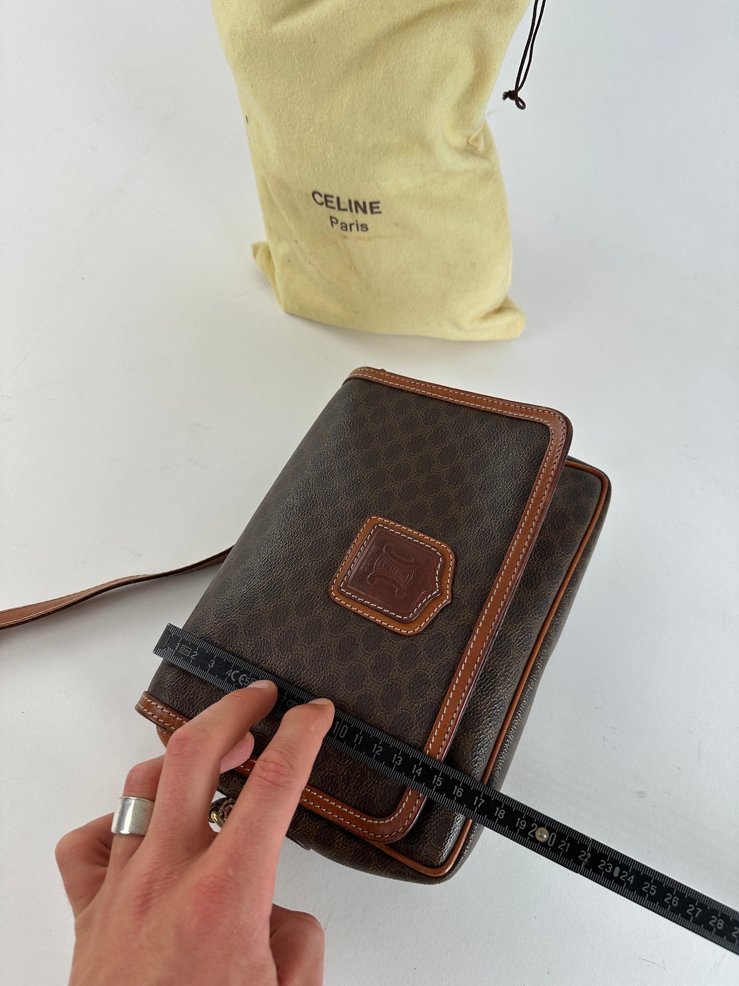 Vintage Celine Macadam Canvas Crossbody Shoulder Bag Dark Brown