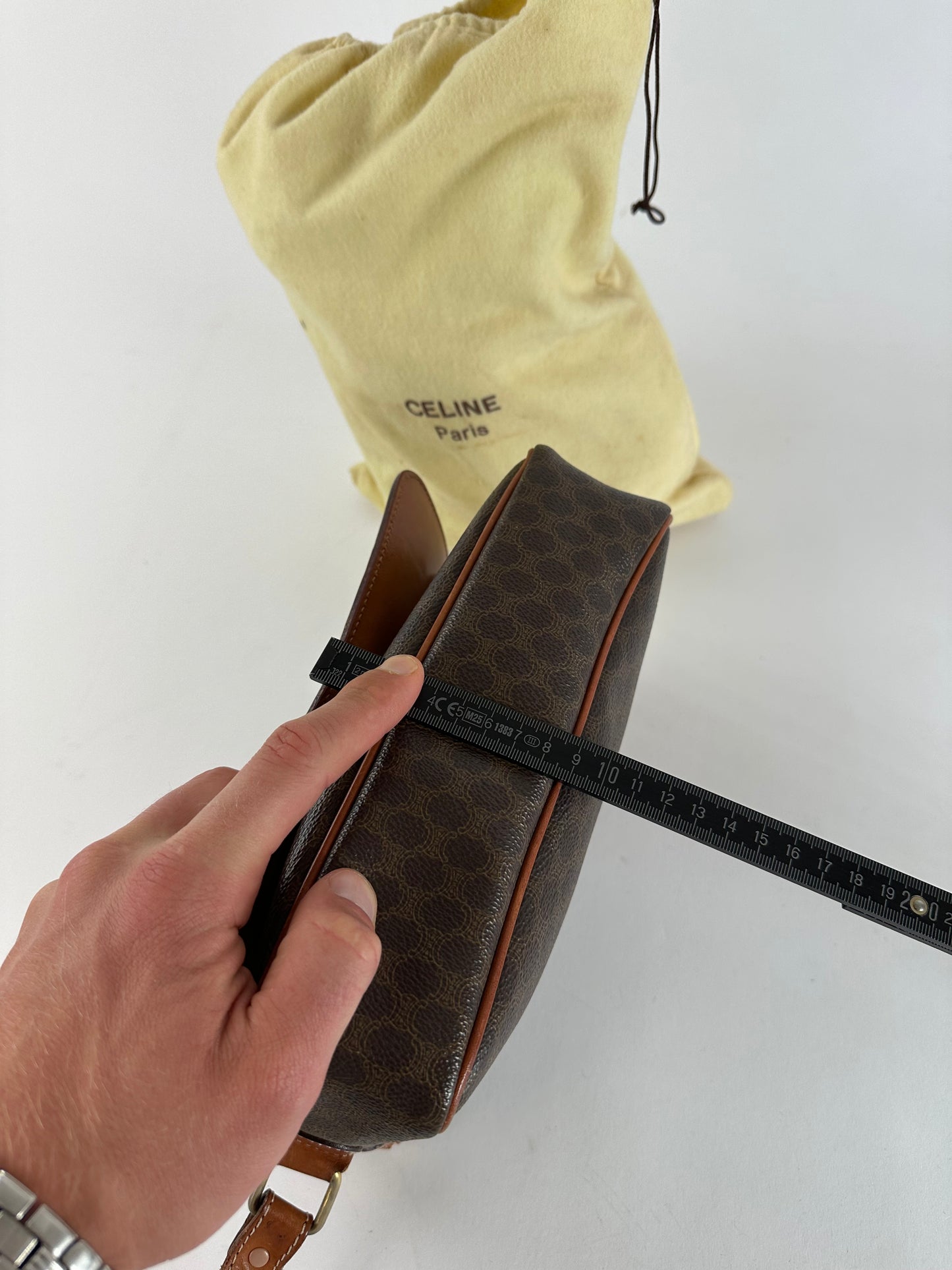 Vintage Celine Macadam Canvas Crossbody Shoulder Bag Dark Brown