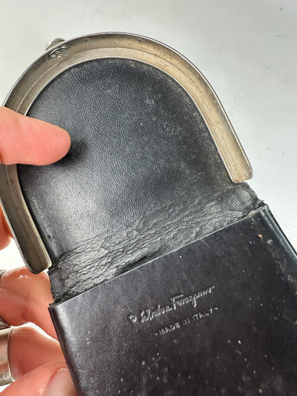 Vintage Ferragamo Leather Coin Purse Black Silver Clasp