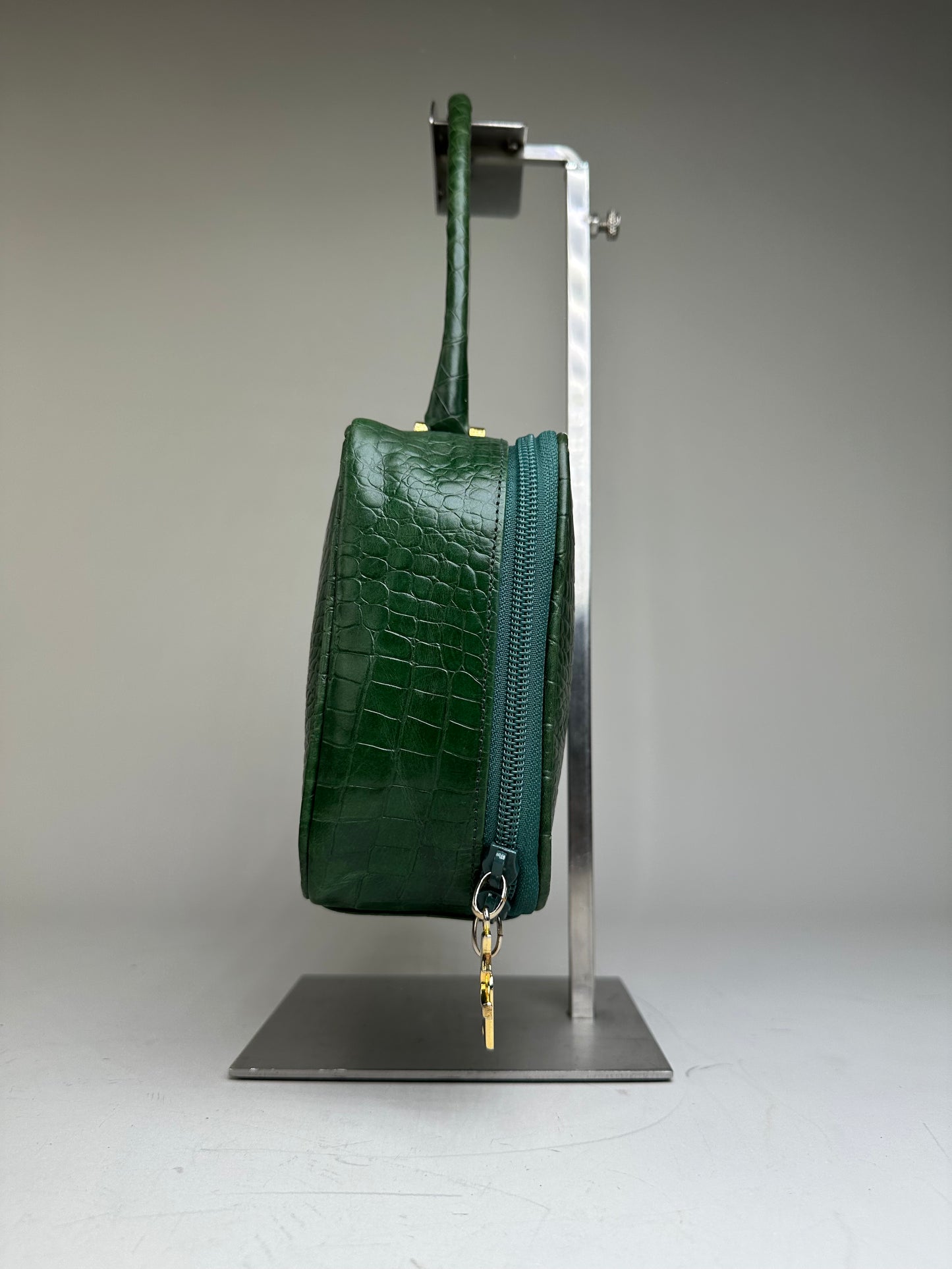 Vintage Courreges Crocodile-Embossed Leather Handbag Dark Green