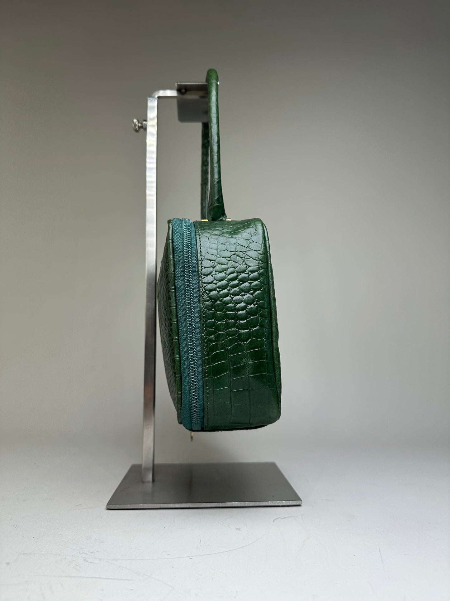 Vintage Courreges Crocodile-Embossed Leather Handbag Dark Green
