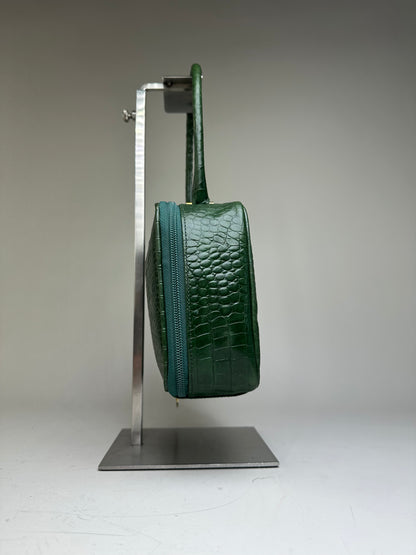 Vintage Courreges Crocodile-Embossed Leather Handbag Dark Green