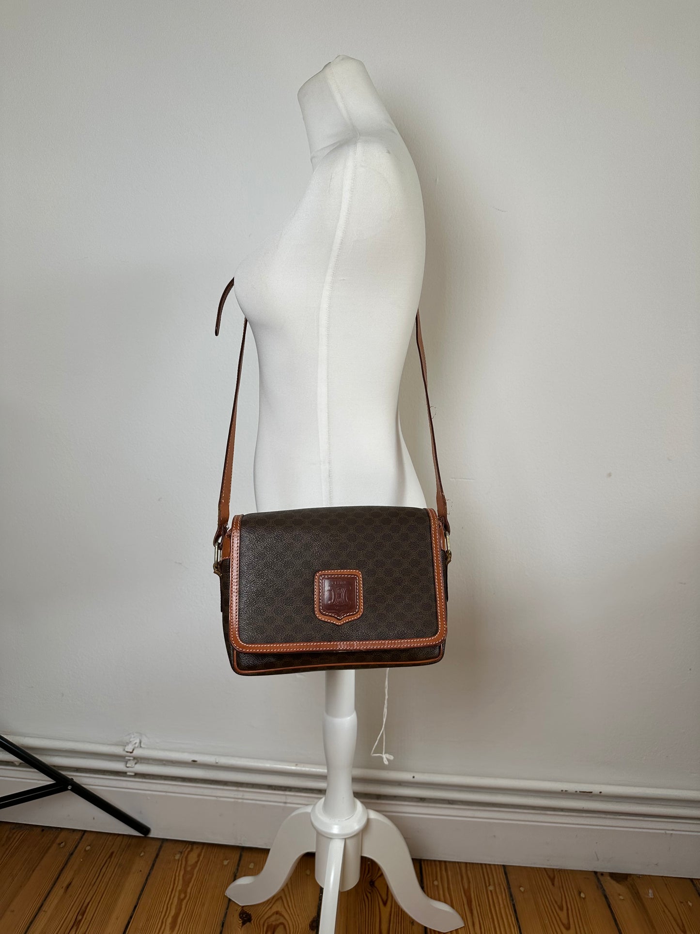 Vintage Celine Macadam Canvas Crossbody Shoulder Bag Dark Brown