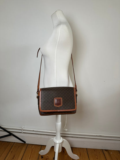 Vintage Celine Macadam Canvas Crossbody Shoulder Bag Dark Brown