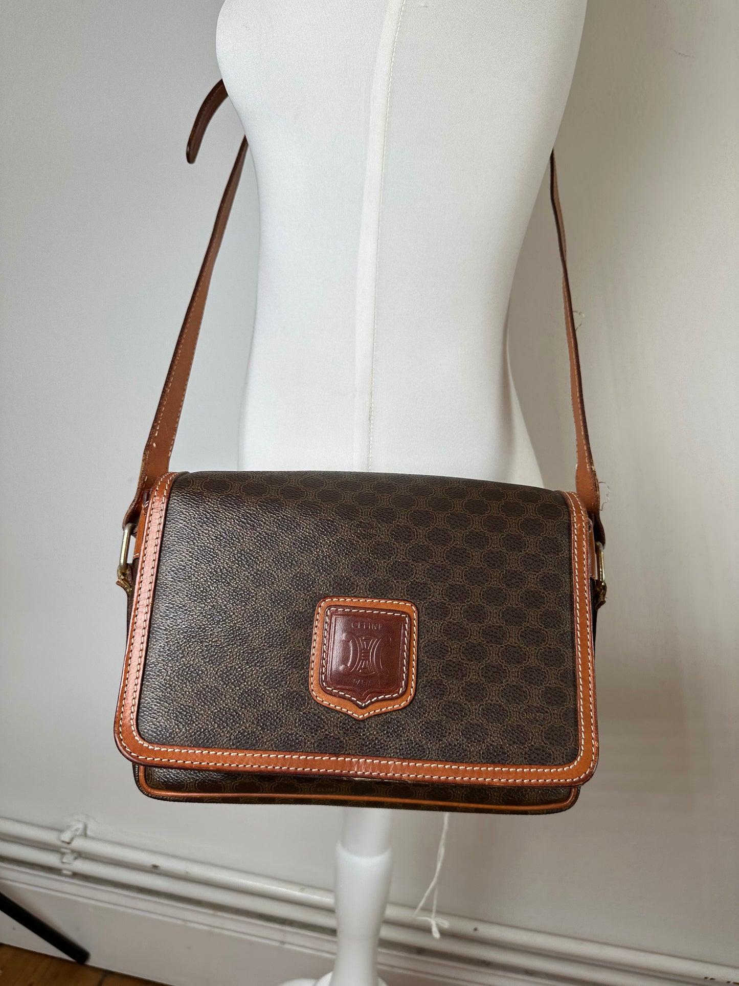 Vintage Celine Macadam Canvas Crossbody Shoulder Bag Dark Brown