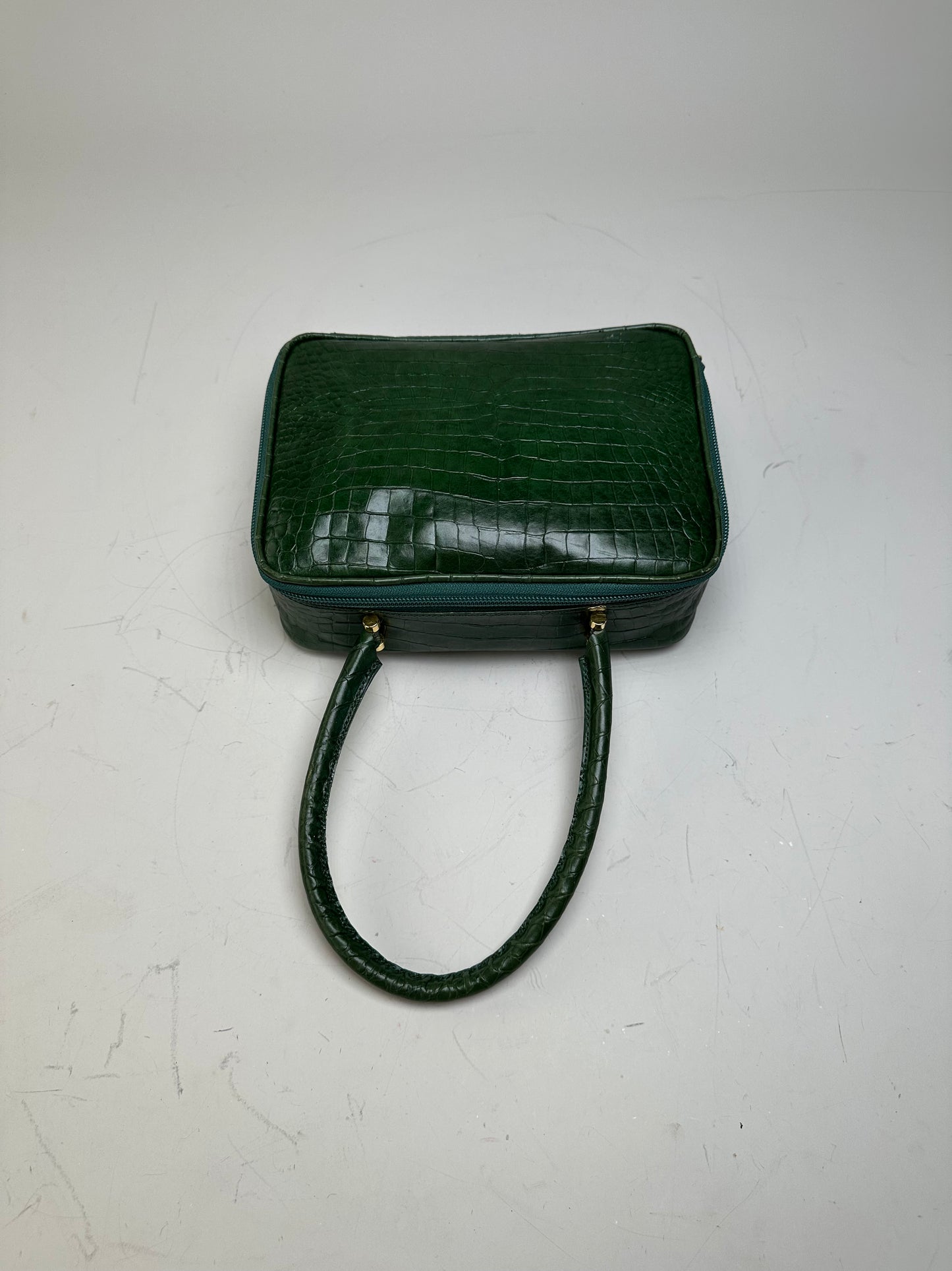 Vintage Courreges Crocodile-Embossed Leather Handbag Dark Green