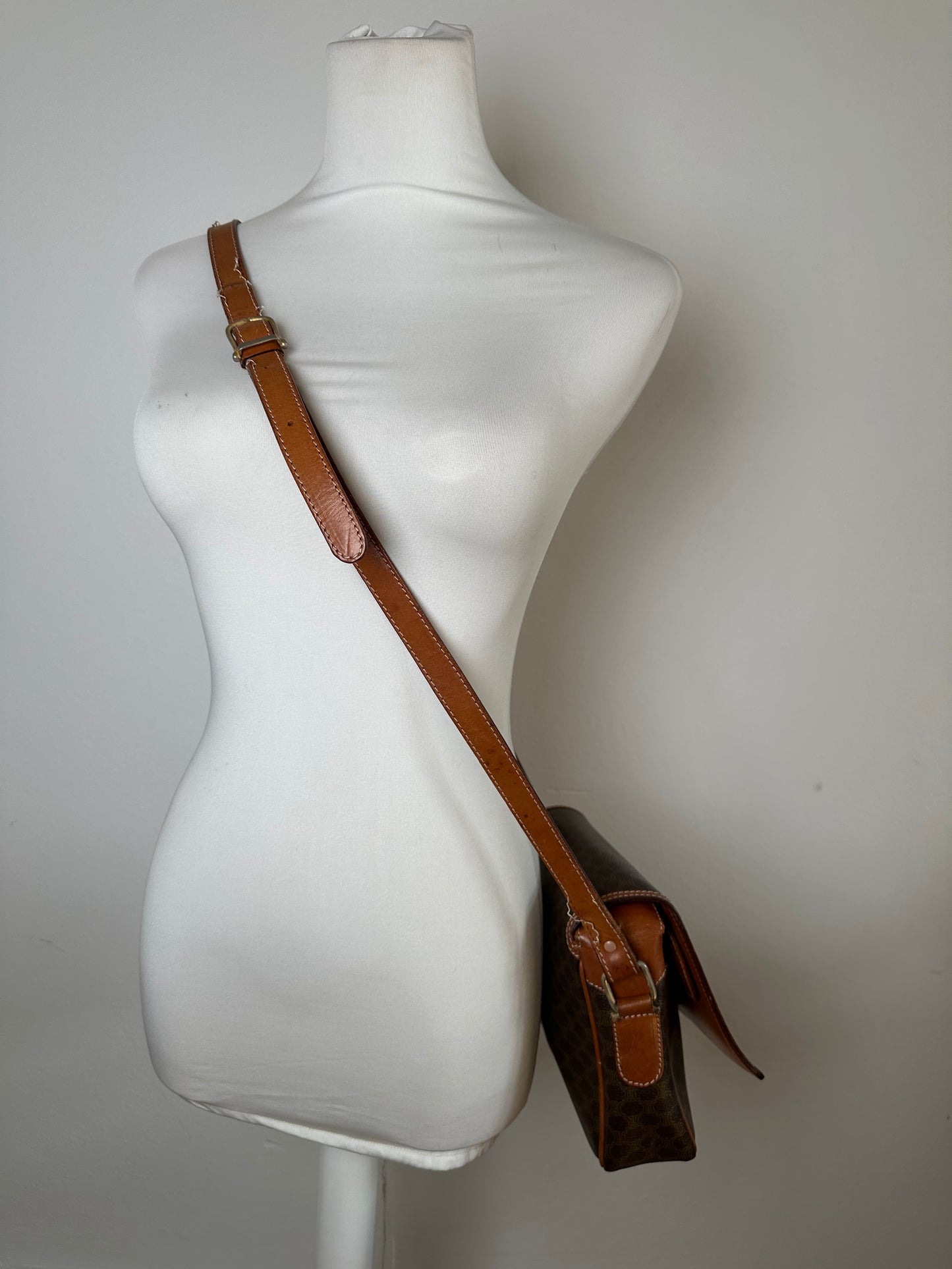 Vintage Celine Macadam Canvas Crossbody Shoulder Bag Dark Brown