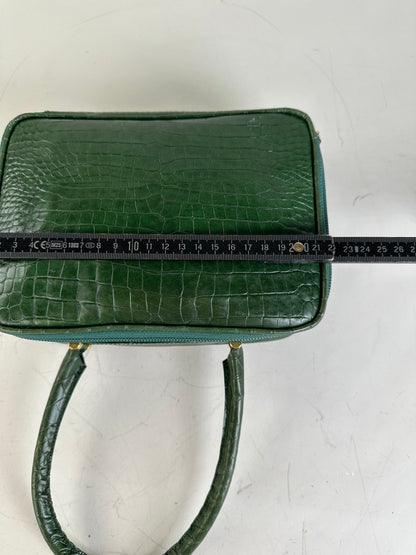 Vintage Courreges Crocodile-Embossed Leather Handbag Dark Green