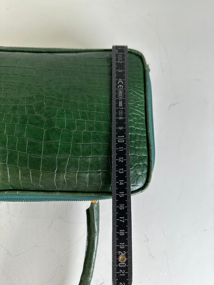 Vintage Courreges Crocodile-Embossed Leather Handbag Dark Green