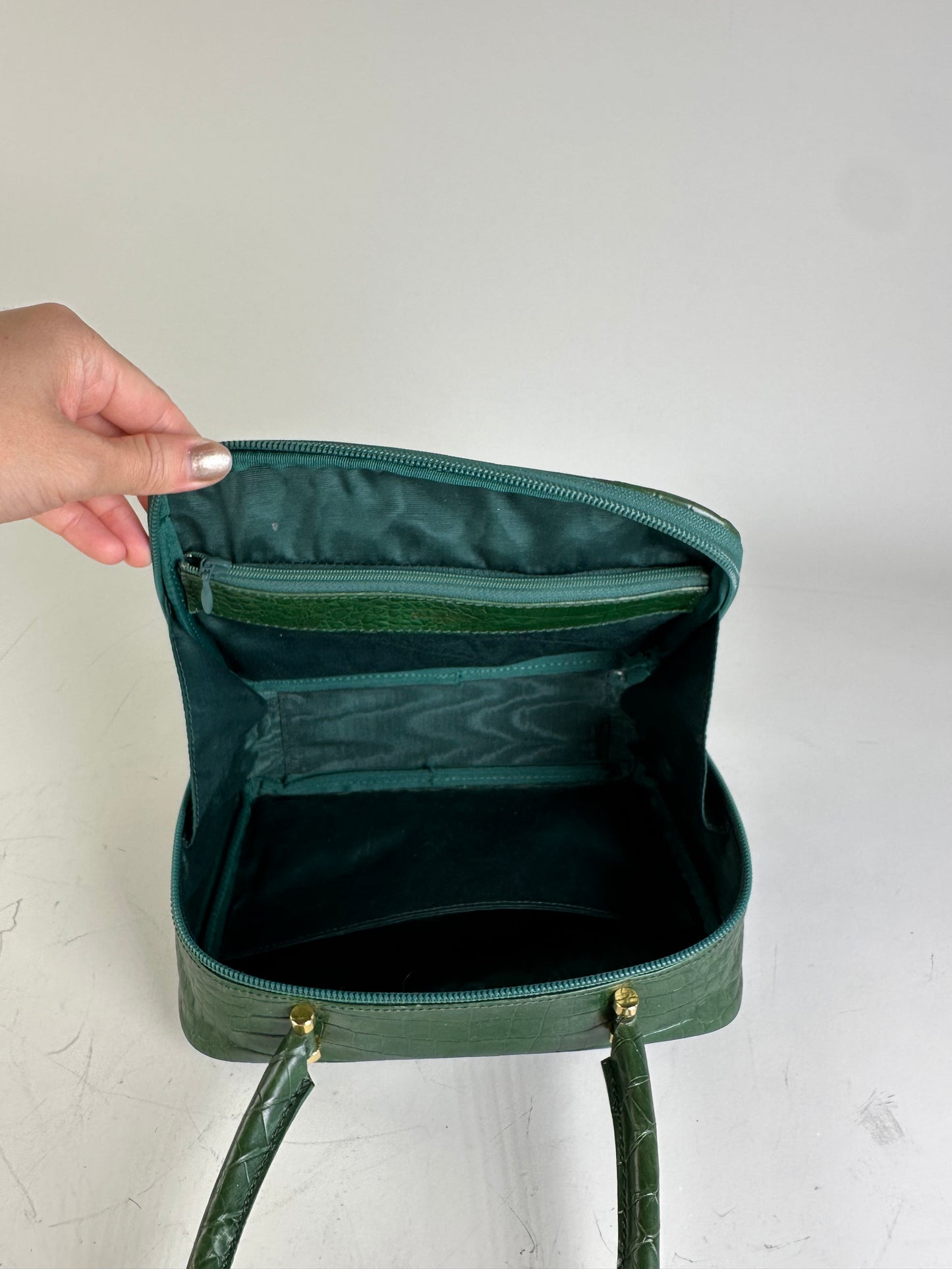 Vintage Courreges Crocodile-Embossed Leather Handbag Dark Green
