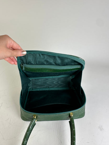 Vintage Courreges Crocodile-Embossed Leather Handbag Dark Green