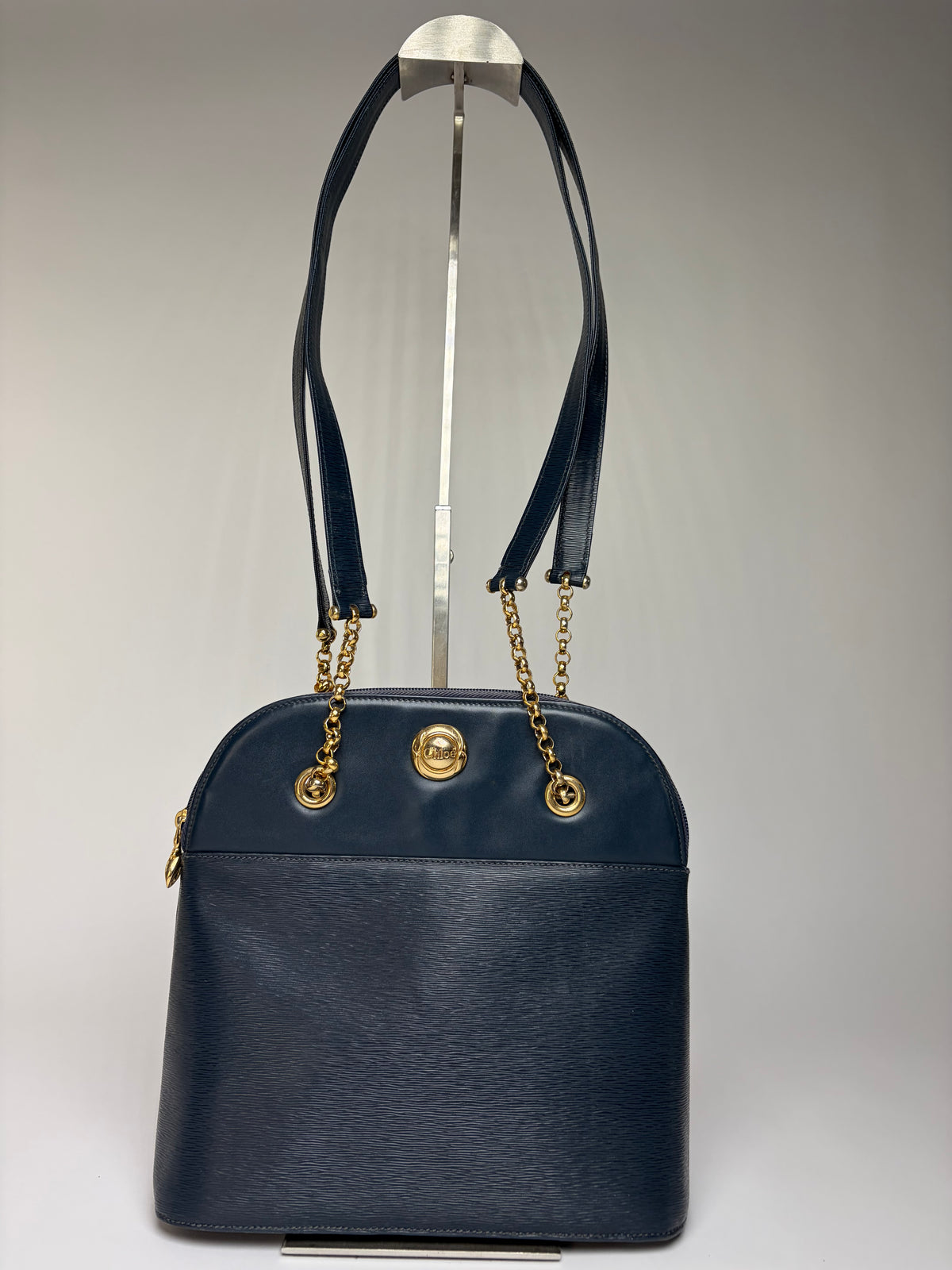 Vintage Chloé Structured Epi Leather Top-Handle Bag Late 1980s Navy