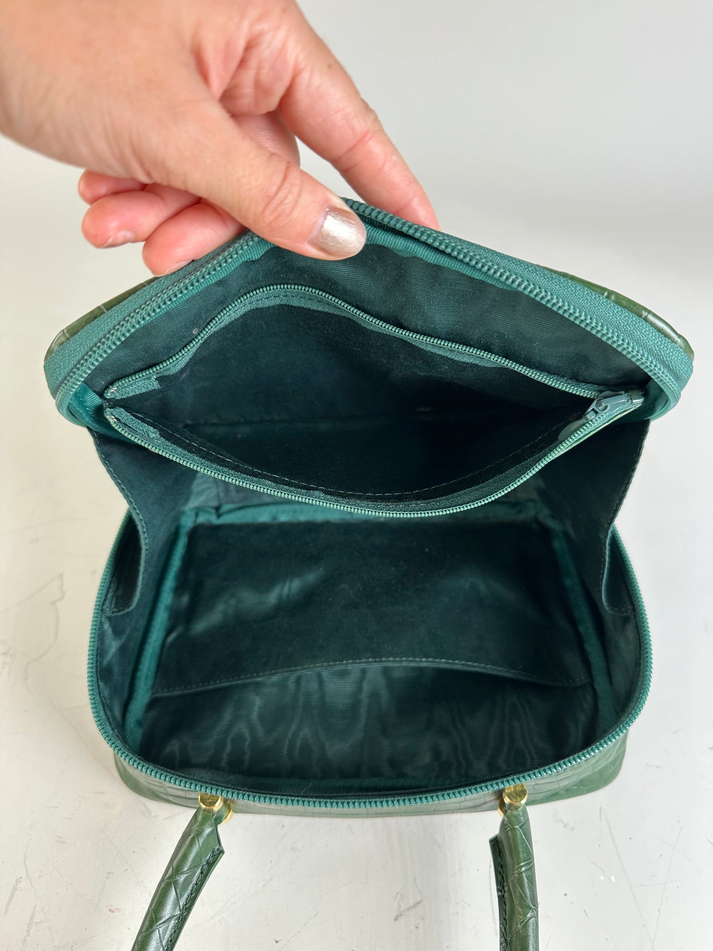 Vintage Courreges Crocodile-Embossed Leather Handbag Dark Green