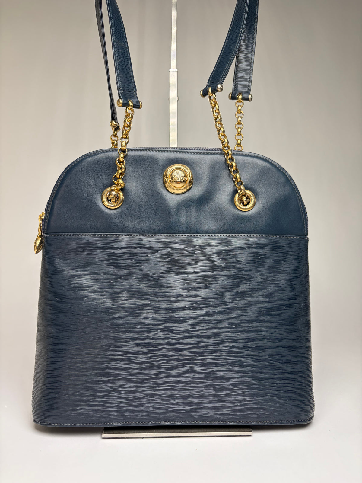 Vintage Chloé Structured Epi Leather Top-Handle Bag Late 1980s Navy