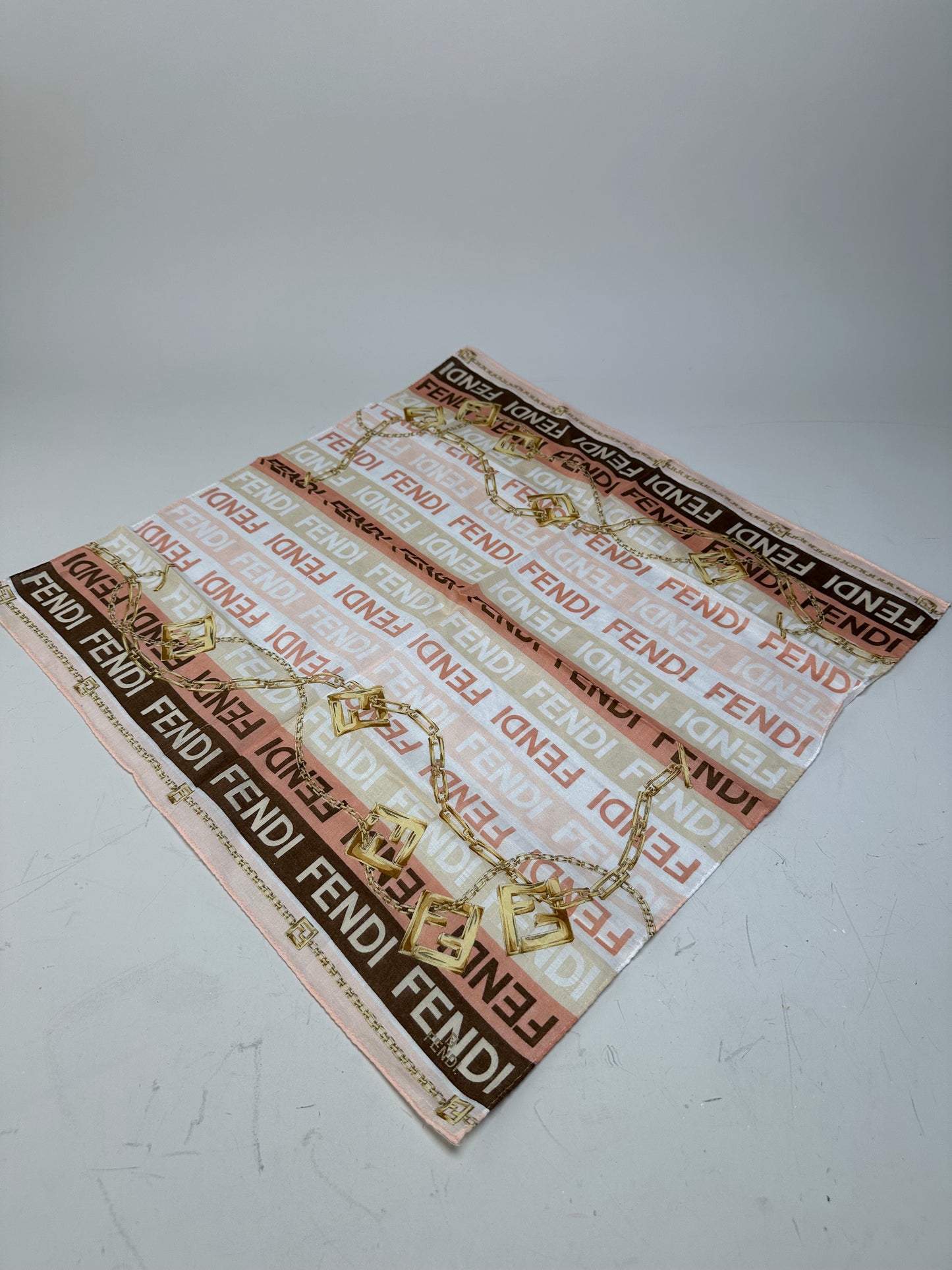 Vintage Fendi Silk Blend Scarf Pink Cream Brown Gold Chain