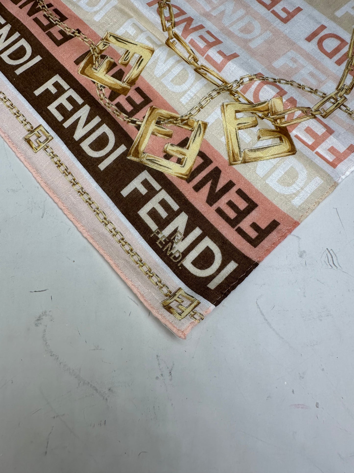 Vintage Fendi Silk Blend Scarf Pink Cream Brown Gold Chain