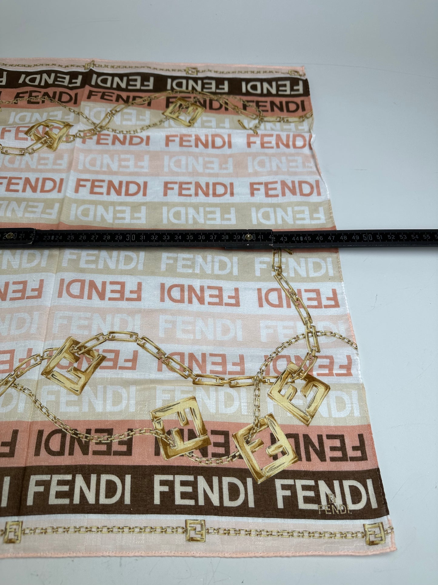 Vintage Fendi Silk Blend Scarf Pink Cream Brown Gold Chain