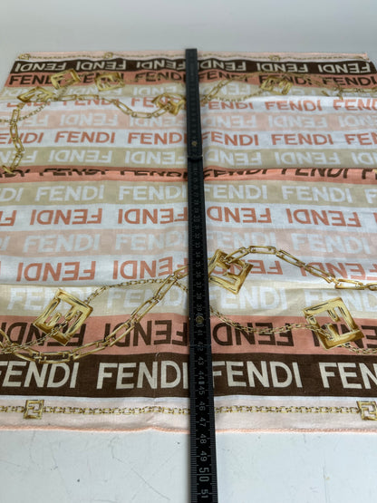 Vintage Fendi Silk Blend Scarf Pink Cream Brown Gold Chain