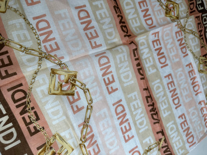 Vintage Fendi Silk Blend Scarf Pink Cream Brown Gold Chain