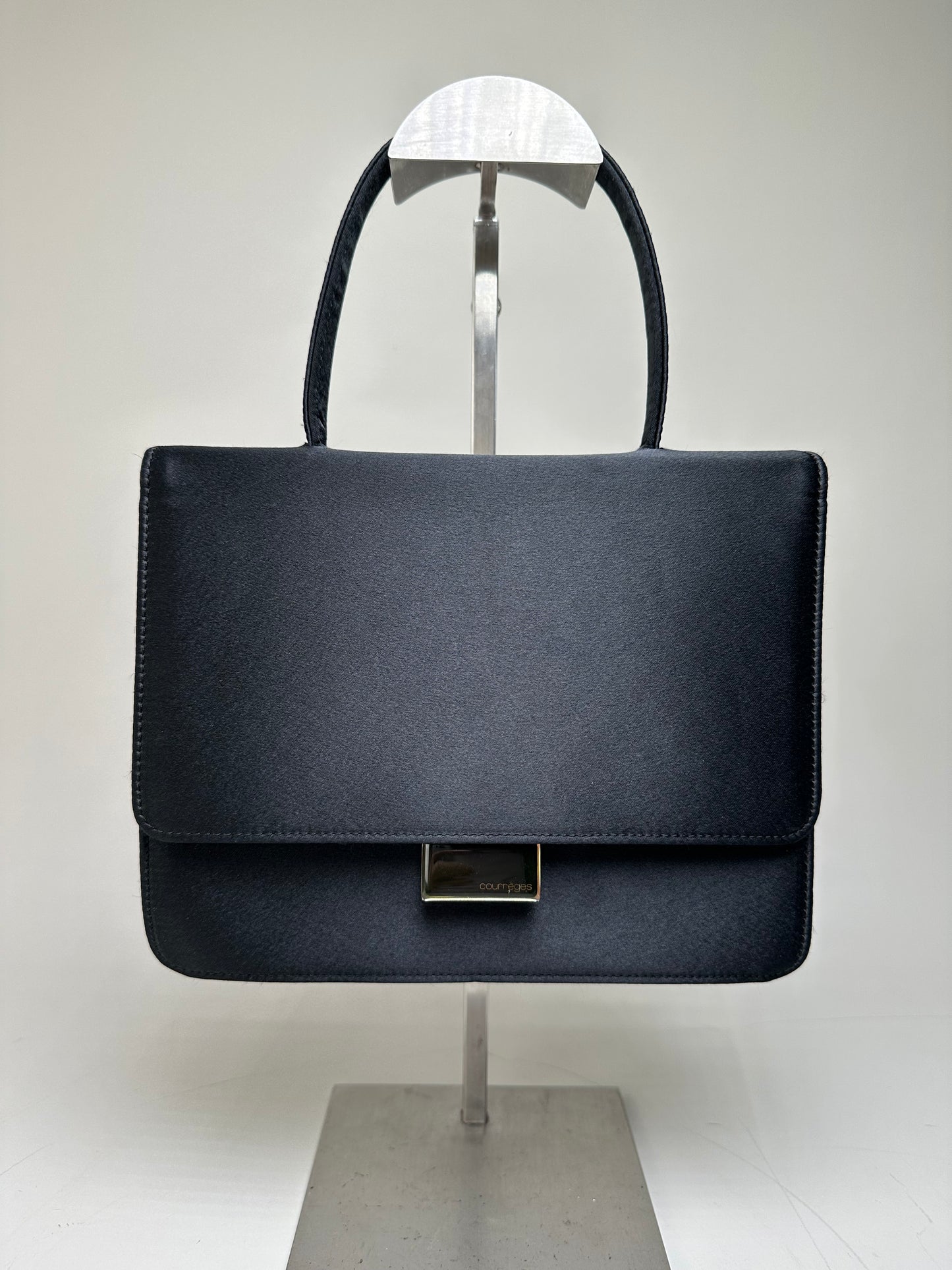 Vintage Courreges Satin Leather Accent Handbag Black Silver