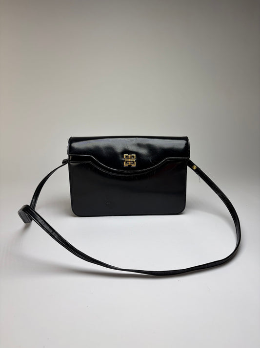 Vintage Givenchy 4G Logo Flap Crossbody Bag Late 1970s Black