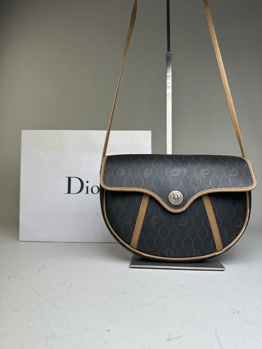 Vintage Dior Interlocking D Logo Leather Crossbody Bag Black Tan