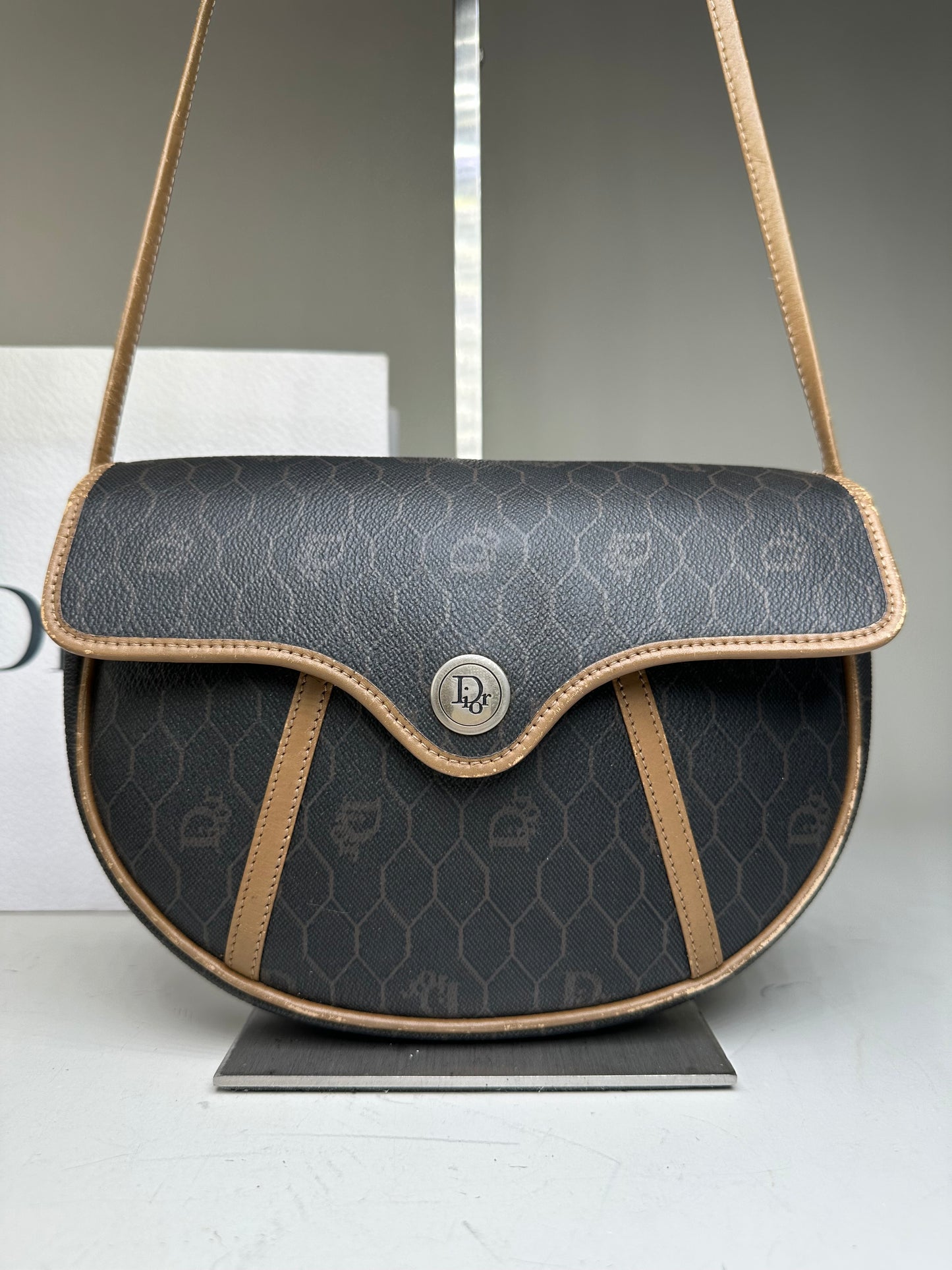 Vintage Dior Interlocking D Logo Leather Crossbody Bag Black Tan