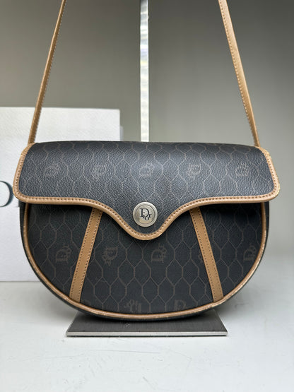 Vintage Dior Interlocking D Logo Leather Crossbody Bag Black Tan