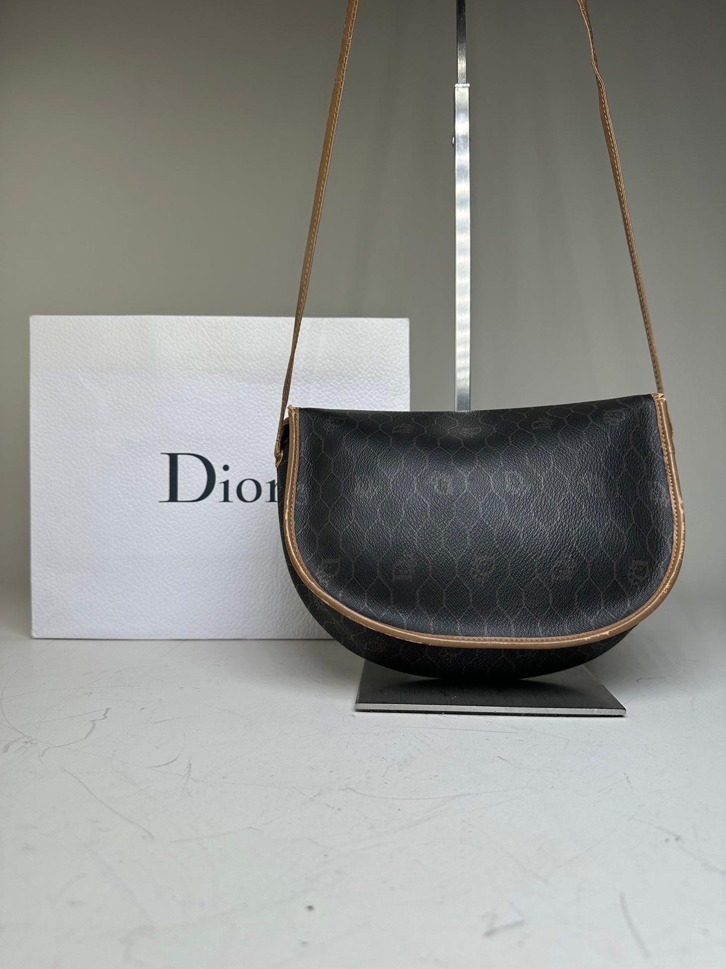Vintage Dior Interlocking D Logo Leather Crossbody Bag Black Tan