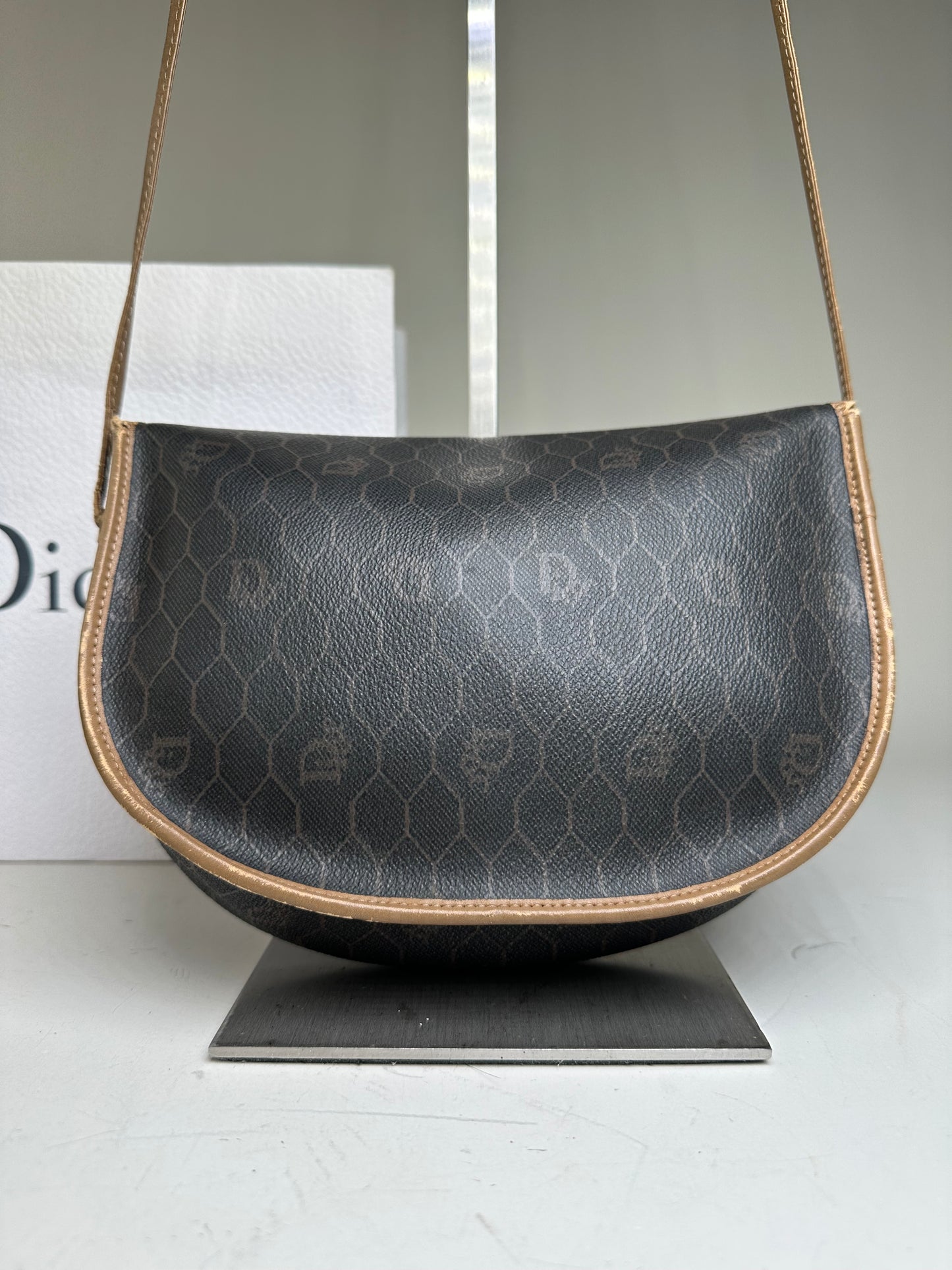 Vintage Dior Interlocking D Logo Leather Crossbody Bag Black Tan