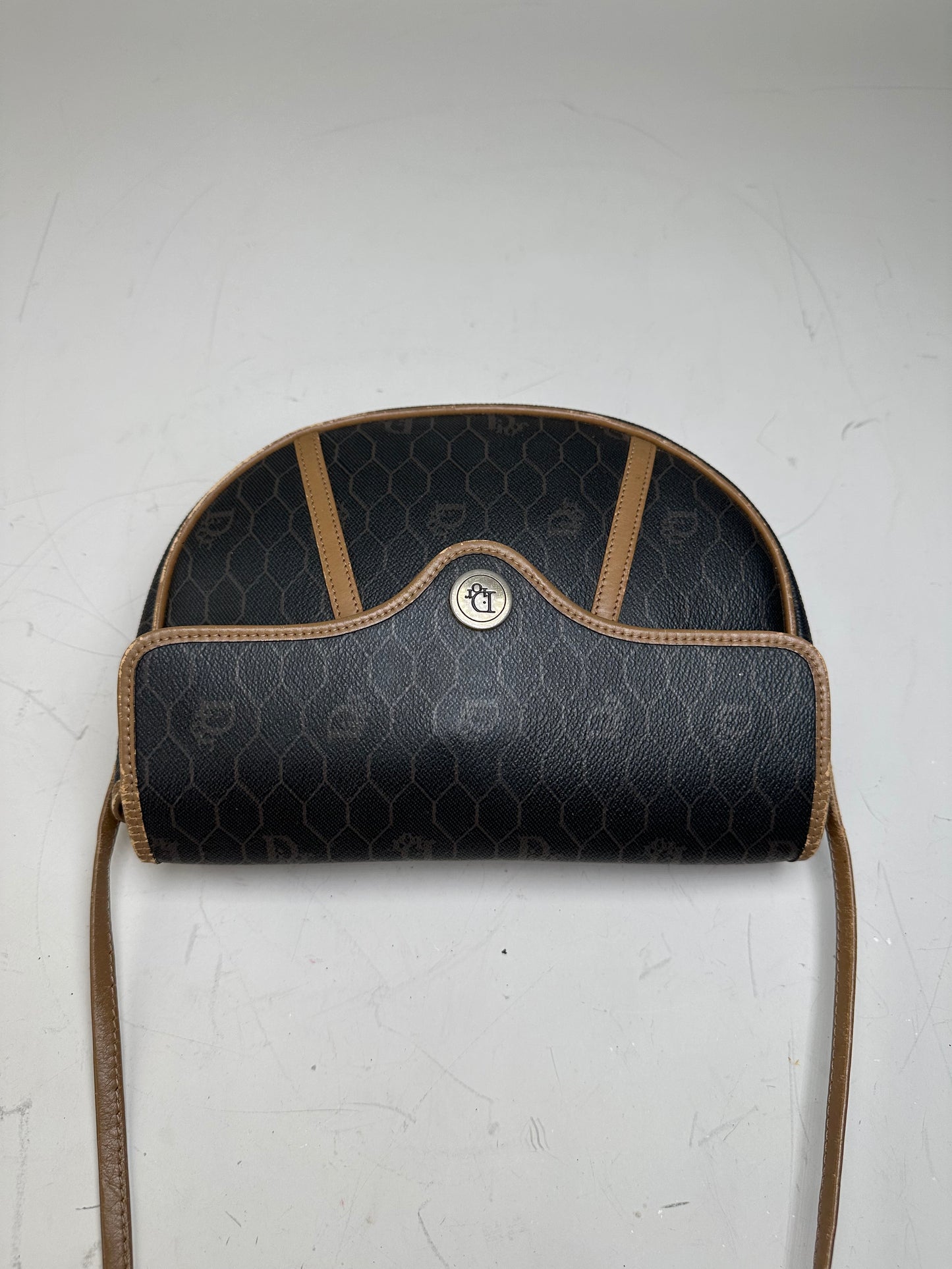 Vintage Dior Interlocking D Logo Leather Crossbody Bag Black Tan