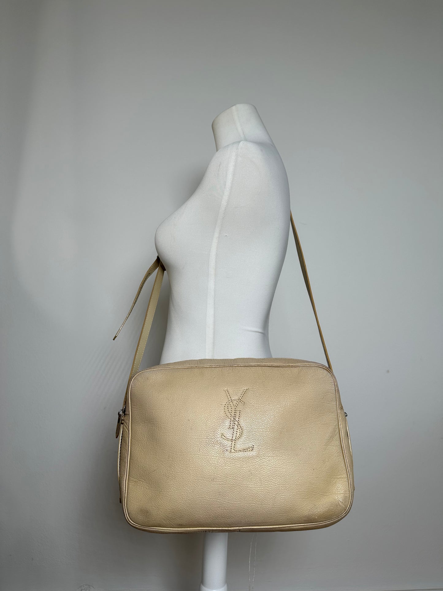 Vintage Yves Saint Laurent Leather Shoulder Bag Beige