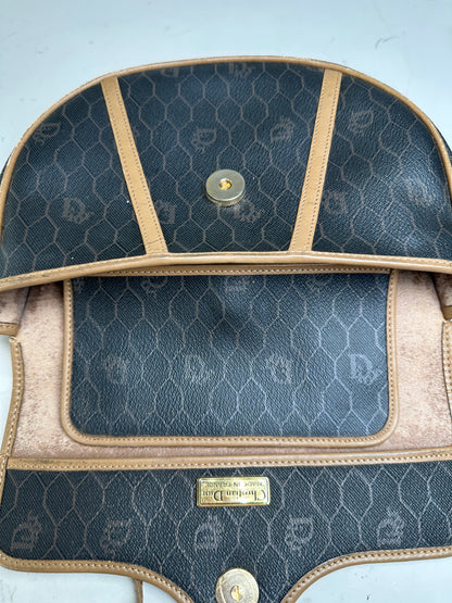 Vintage Dior Interlocking D Logo Leather Crossbody Bag Black Tan