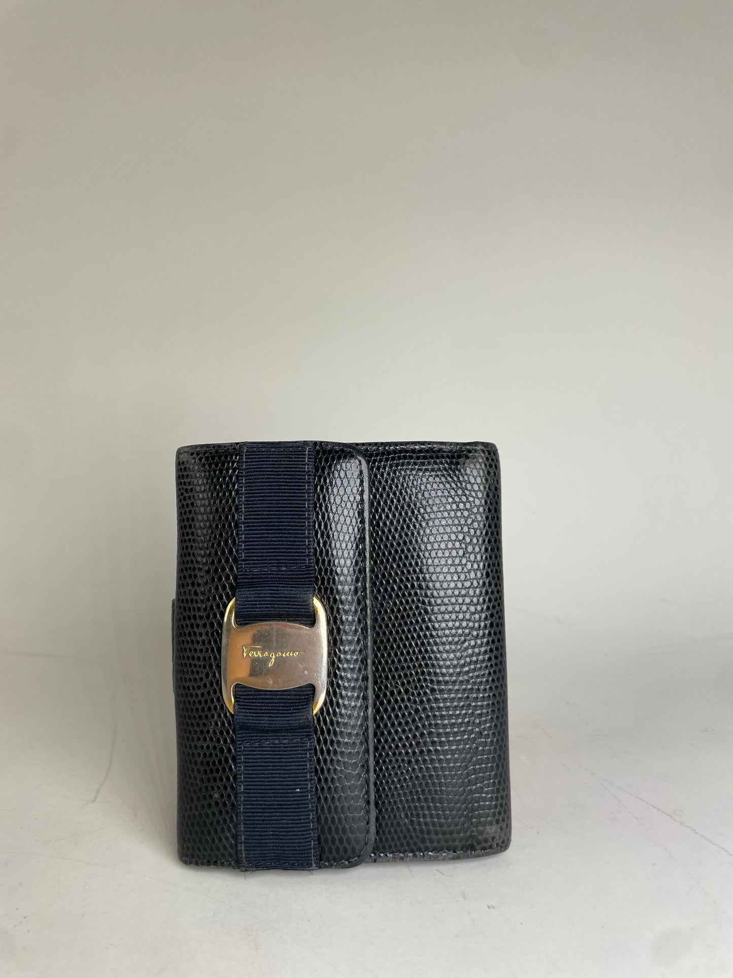 Vintage Ferragamo Textured Leather Wallet Black Gold