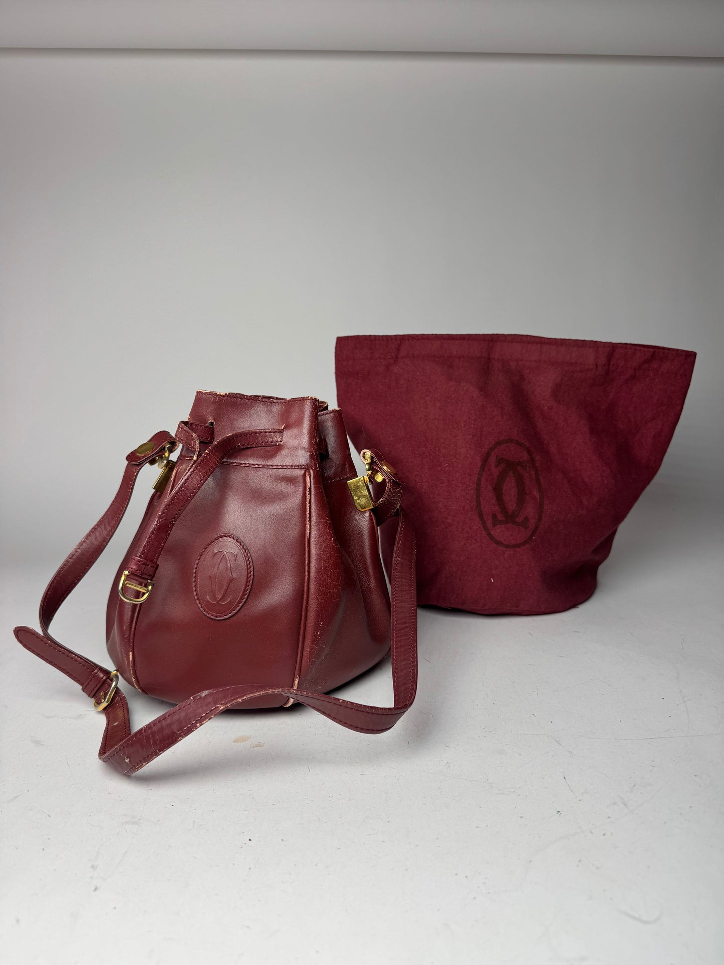 Vintage Cartier Leather Seau Bucket Bag Burgundy
