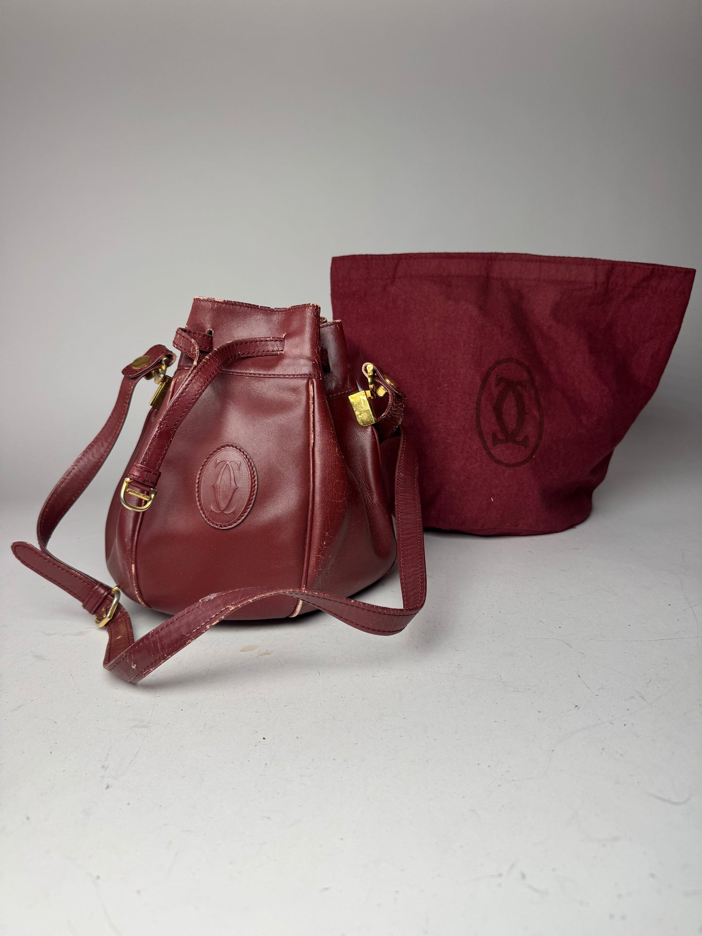 Vintage Cartier Leather Seau Bucket Bag Burgundy