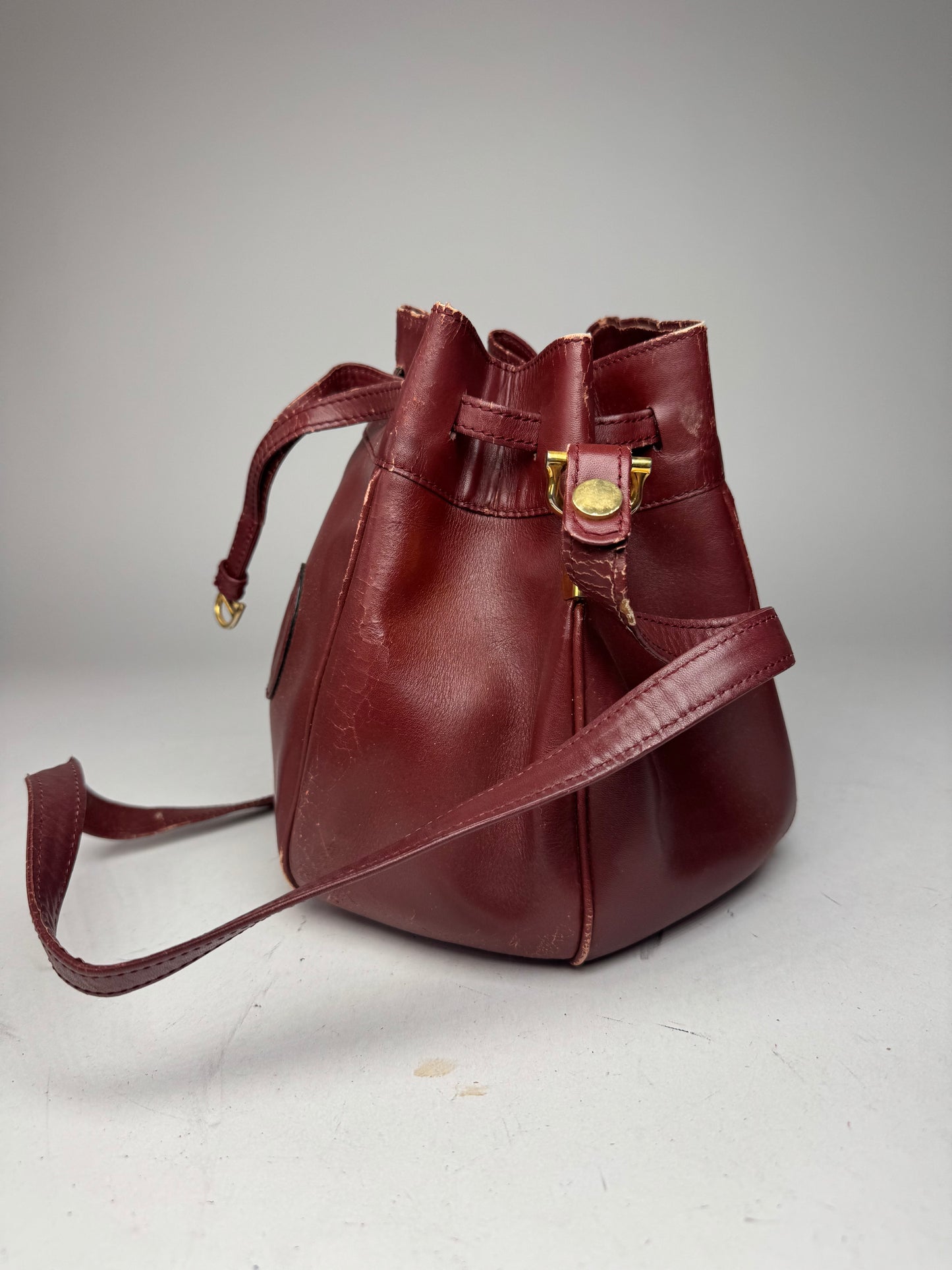 Vintage Cartier Leather Seau Bucket Bag Burgundy