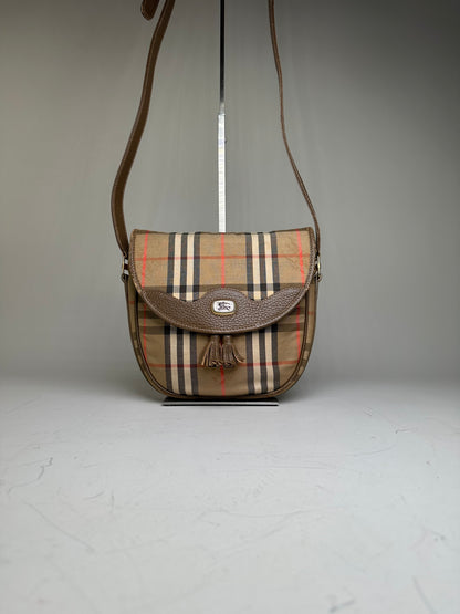 Vintage Burberry Check Canvas Shoulder Bag Beige Brown Red