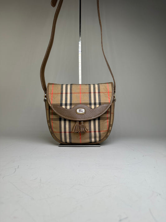 Vintage Burberry Check Canvas Shoulder Bag Beige Brown Red