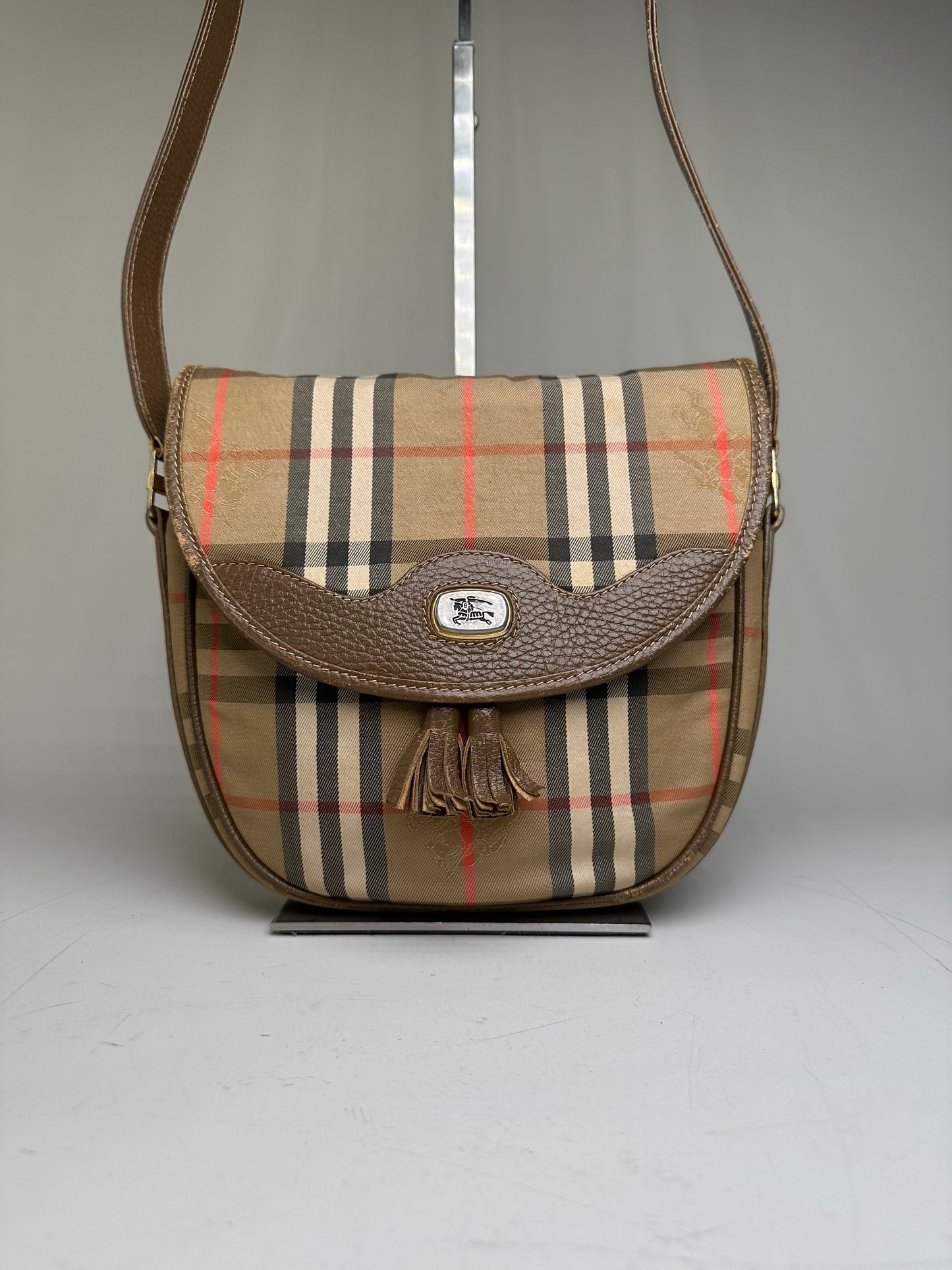 Vintage Burberry Check Canvas Shoulder Bag Beige Brown Red