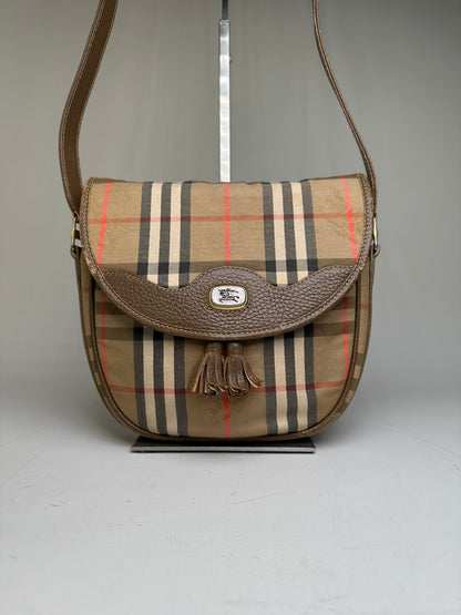 Vintage Burberry Check Canvas Shoulder Bag Beige Brown Red