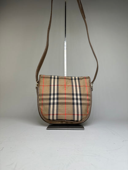 Vintage Burberry Check Canvas Shoulder Bag Beige Brown Red